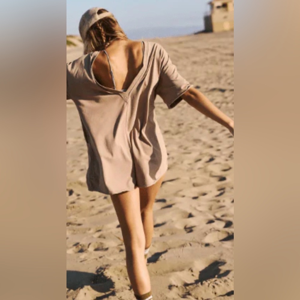 Free People Movement Hot Shot Tee Romper Mocha Latte S - Picture 2 of 6
